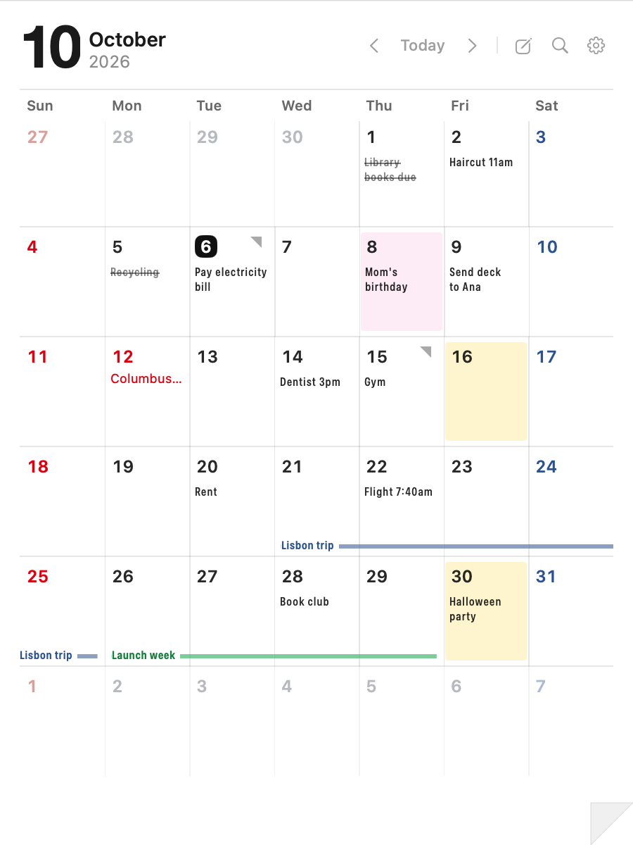 The Creaseday calendar for October 2026: memos, colored days, trip lines and holidays, all visible without clicking