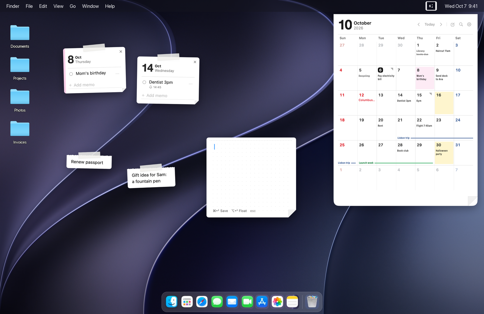A 14-inch MacBook screen drawn to scale: the Creaseday calendar open under the menu bar, two dated sticky notes, two floating slips and the Undated writing window